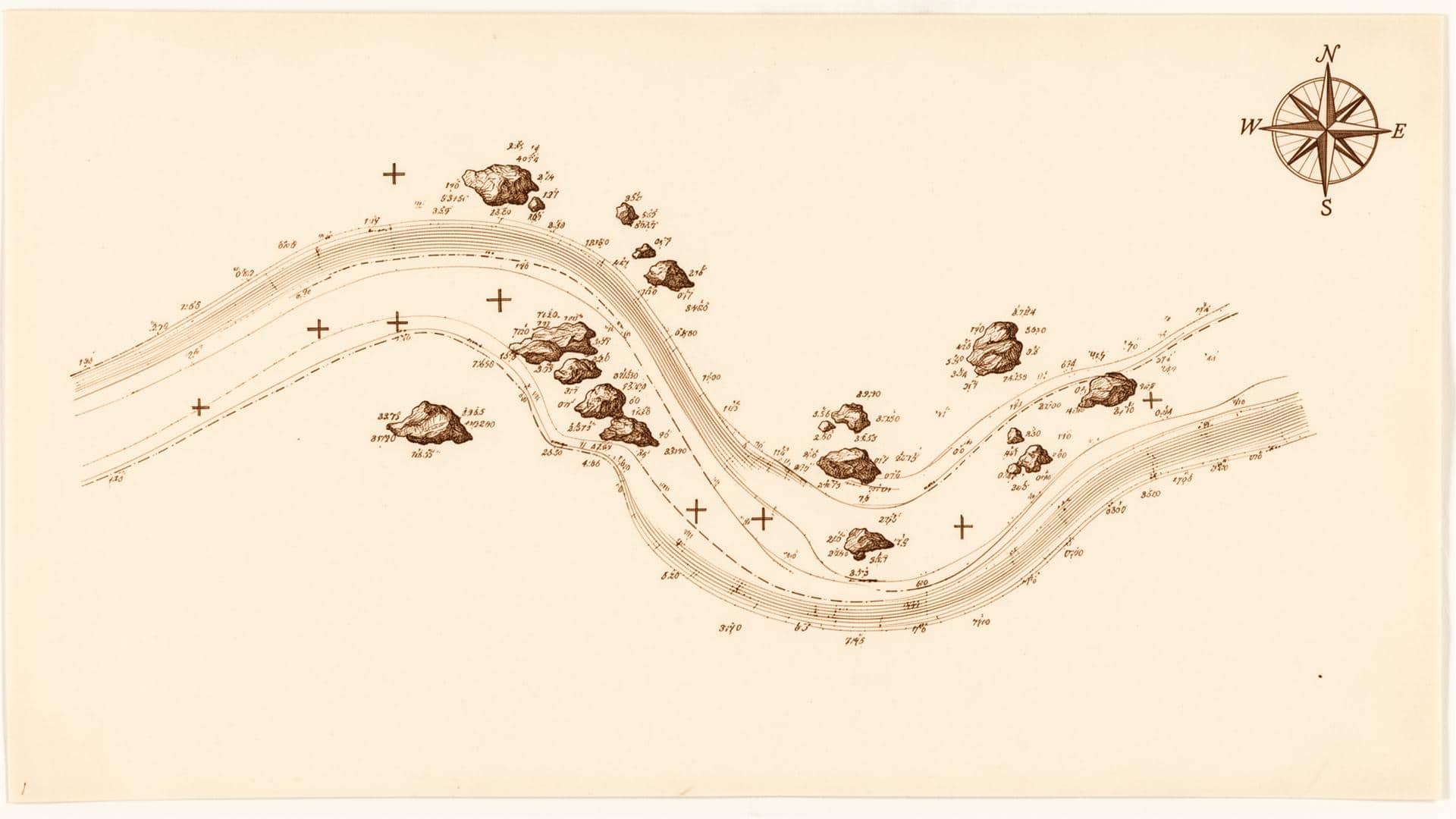 A 19th-century depth chart showing hidden rocks and a marked safe channel