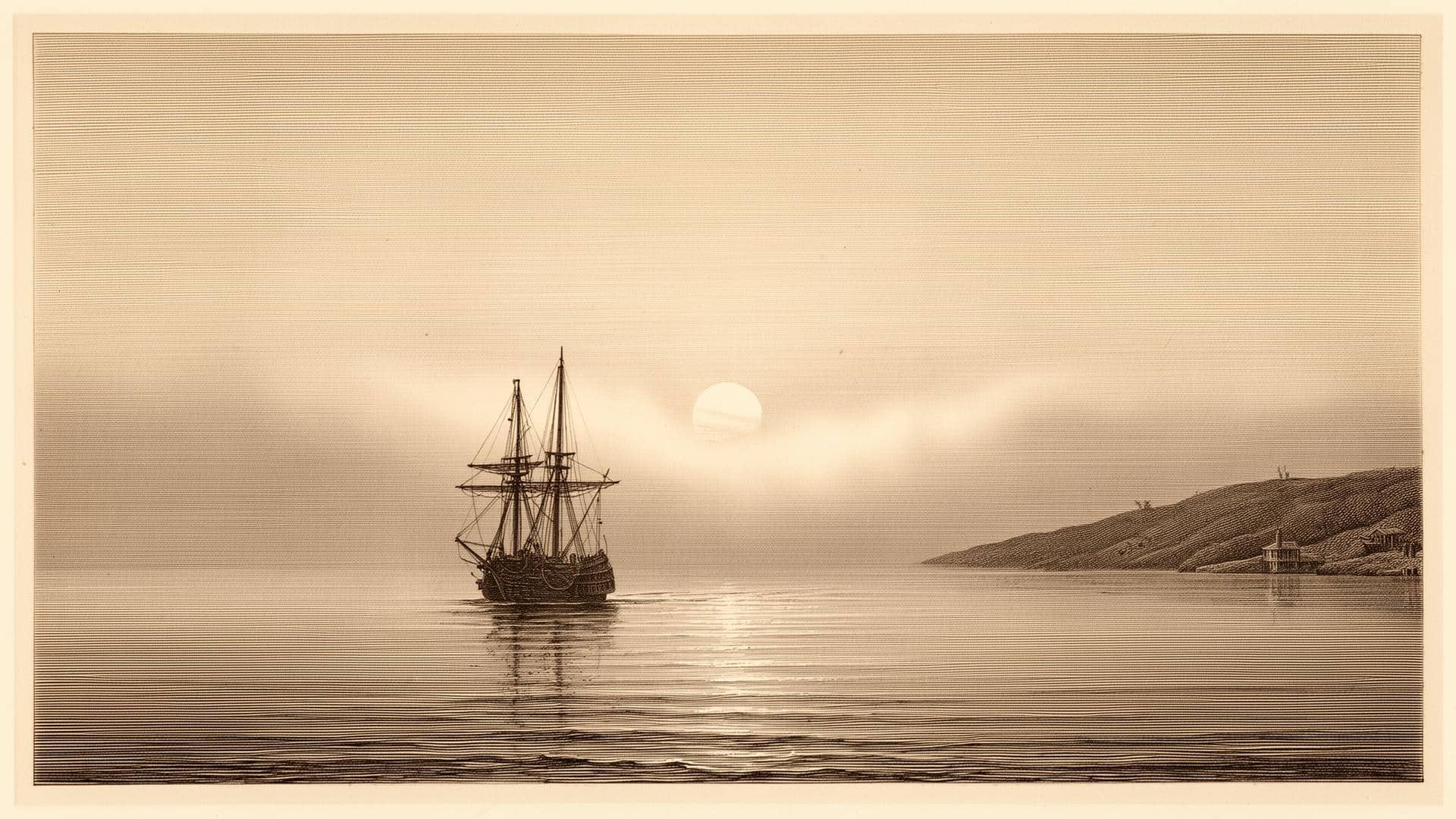 A ship entering harbor at sunrise with calm water and lifting fog