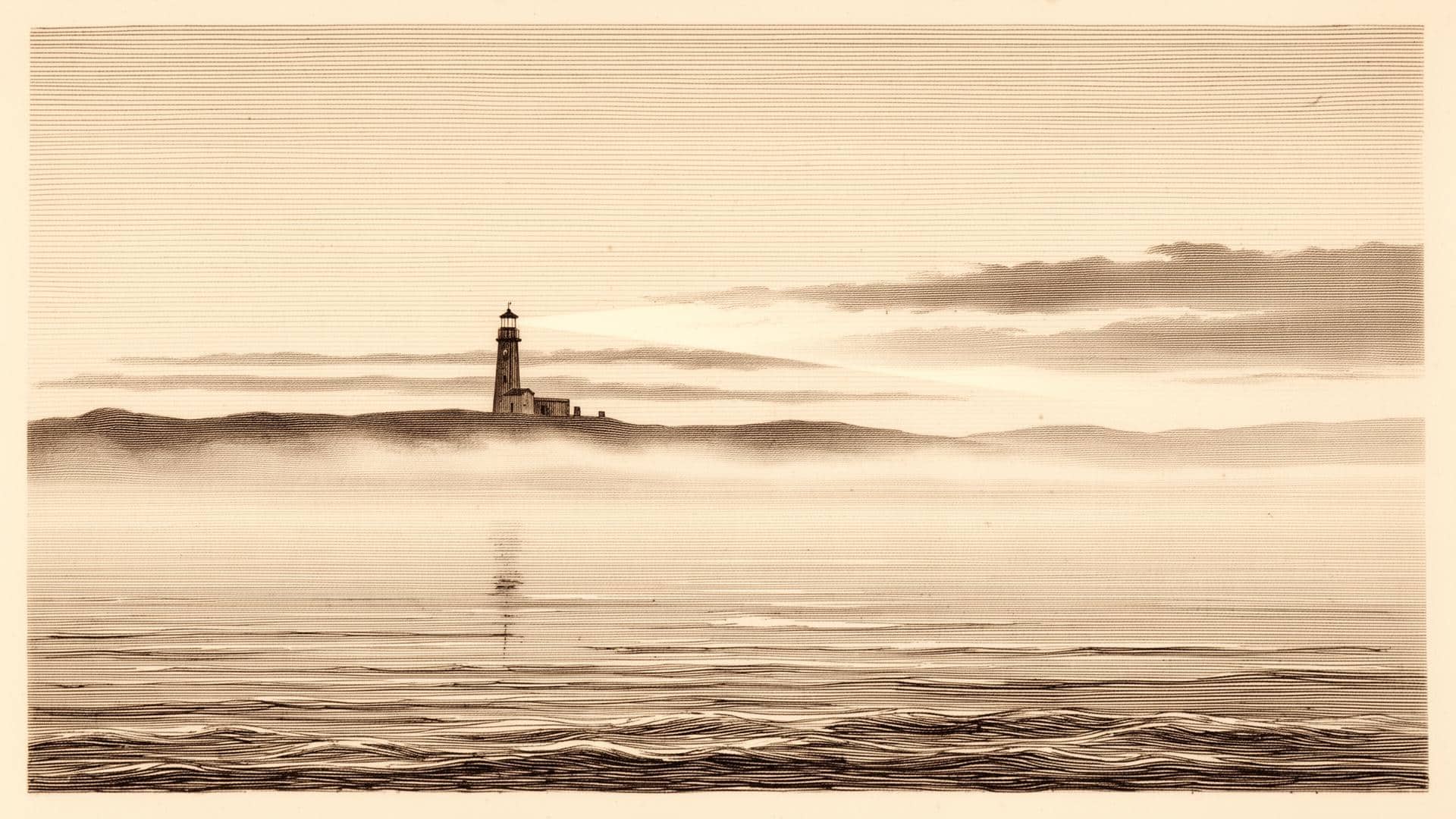 A distant lighthouse in fog at dawn, a thin beam cutting through the mist