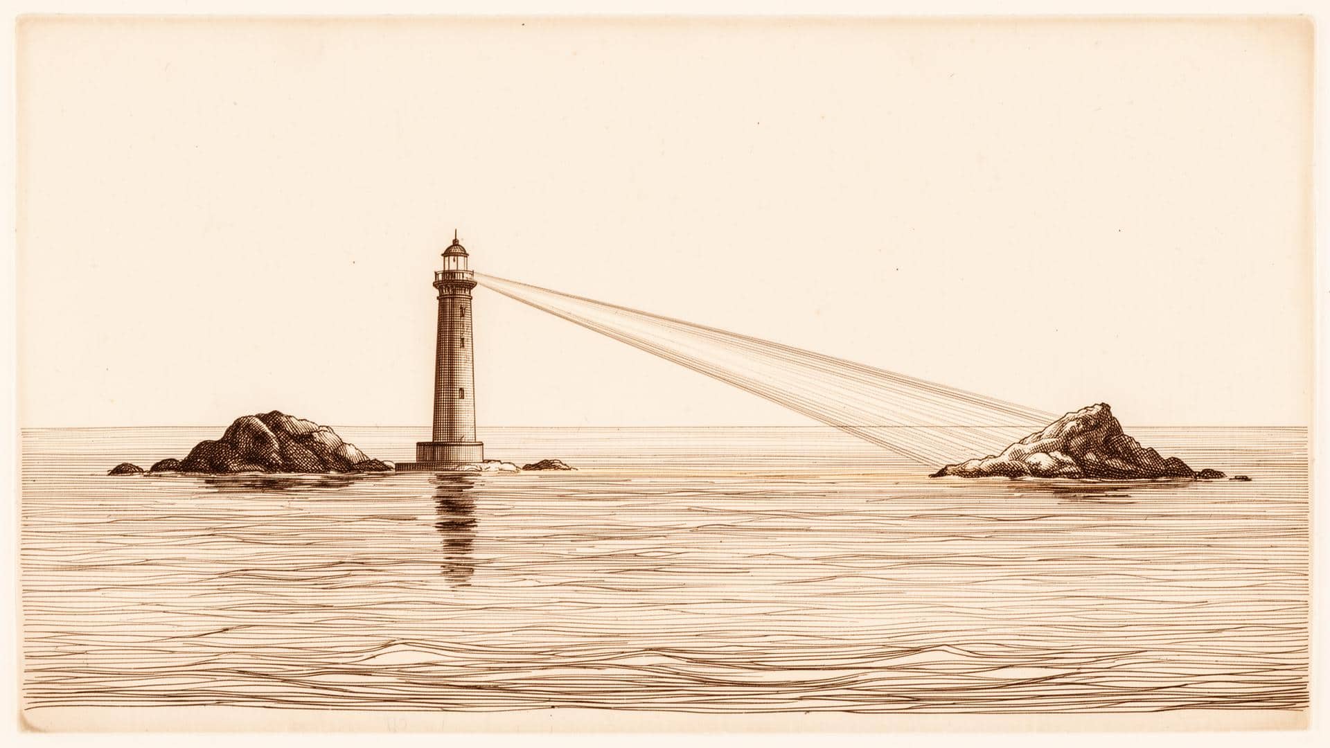 A lighthouse beam illuminating a narrow safe passage between rocks